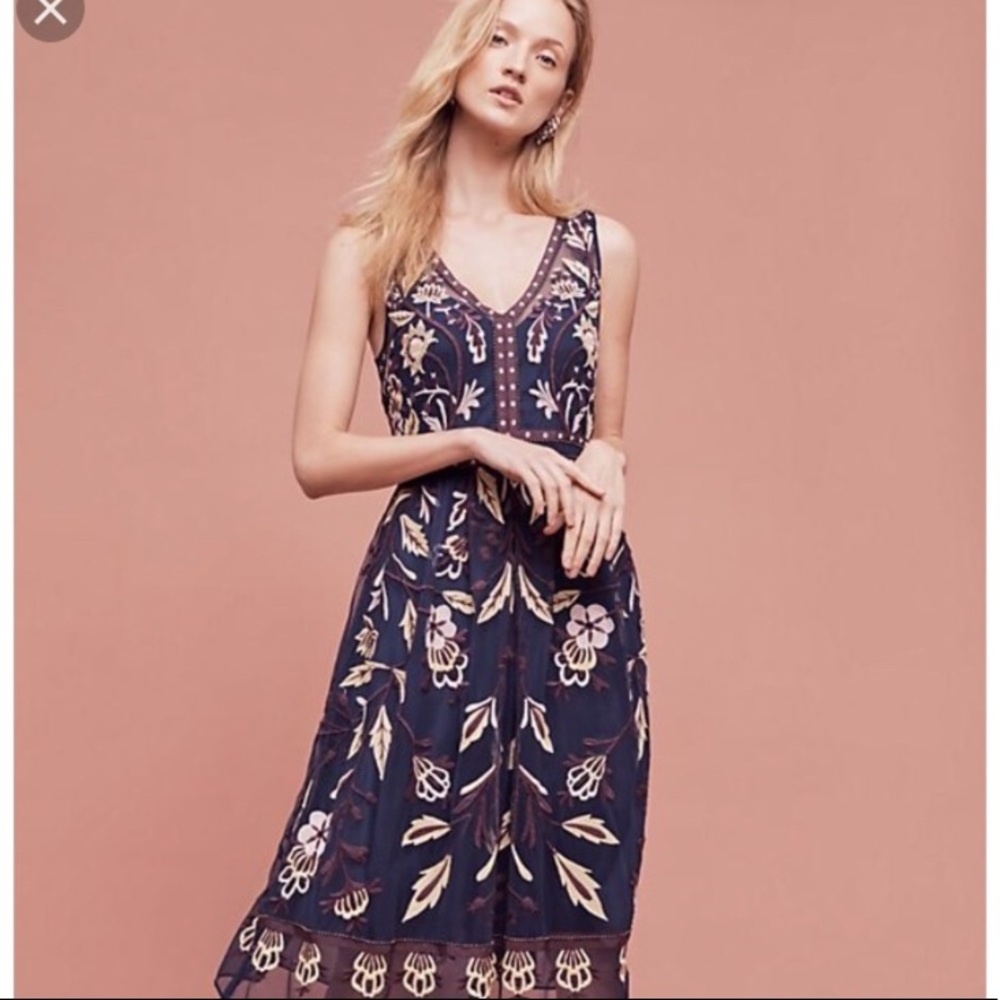 Anthro blue embroidered floral appliqué dress